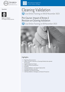 Pre-Course Workshop: Impact of Annex 1 Revision on Cleaning Validation - Live Online Training